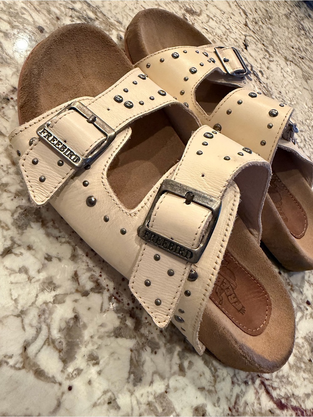 freebird Cream Studded Double Buckle Sandals